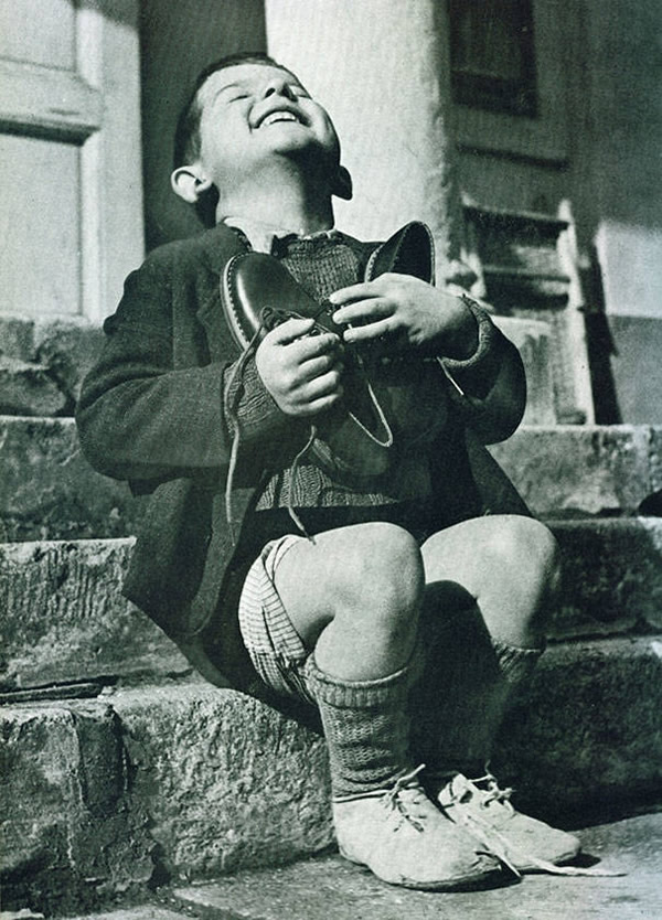 This Austrian boy got a new pair of shoes in World War II.