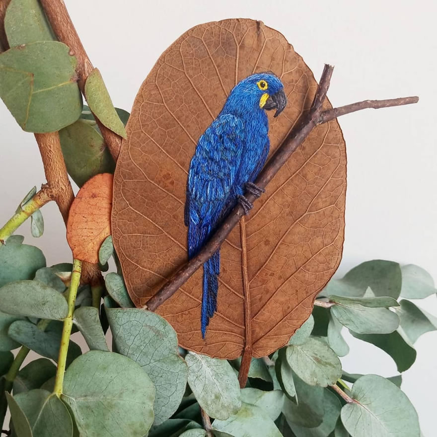 Embroidered Birds On Leaves By Laura Dalla Vecchia