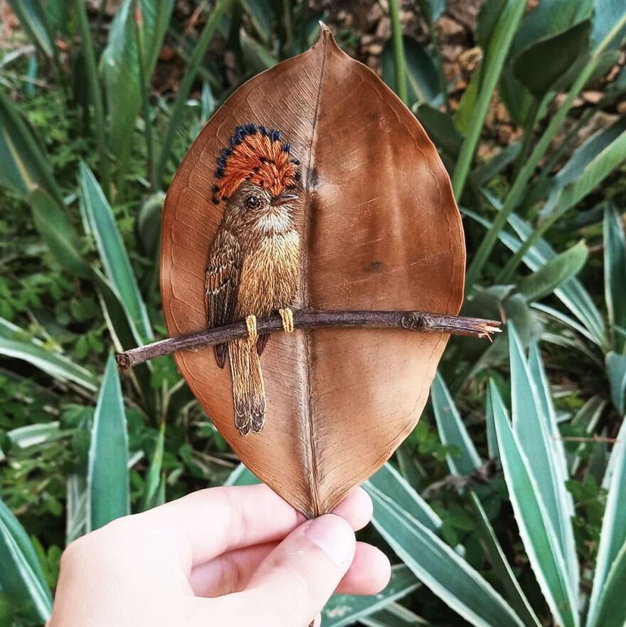 Embroidered Birds On Leaves By Laura Dalla Vecchia