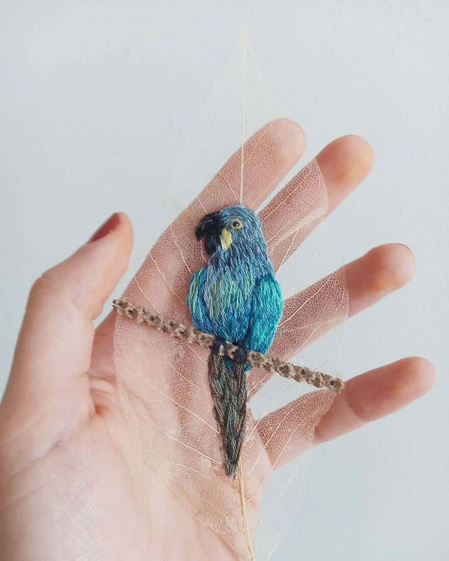 Embroidered Birds On Leaves By Laura Dalla Vecchia