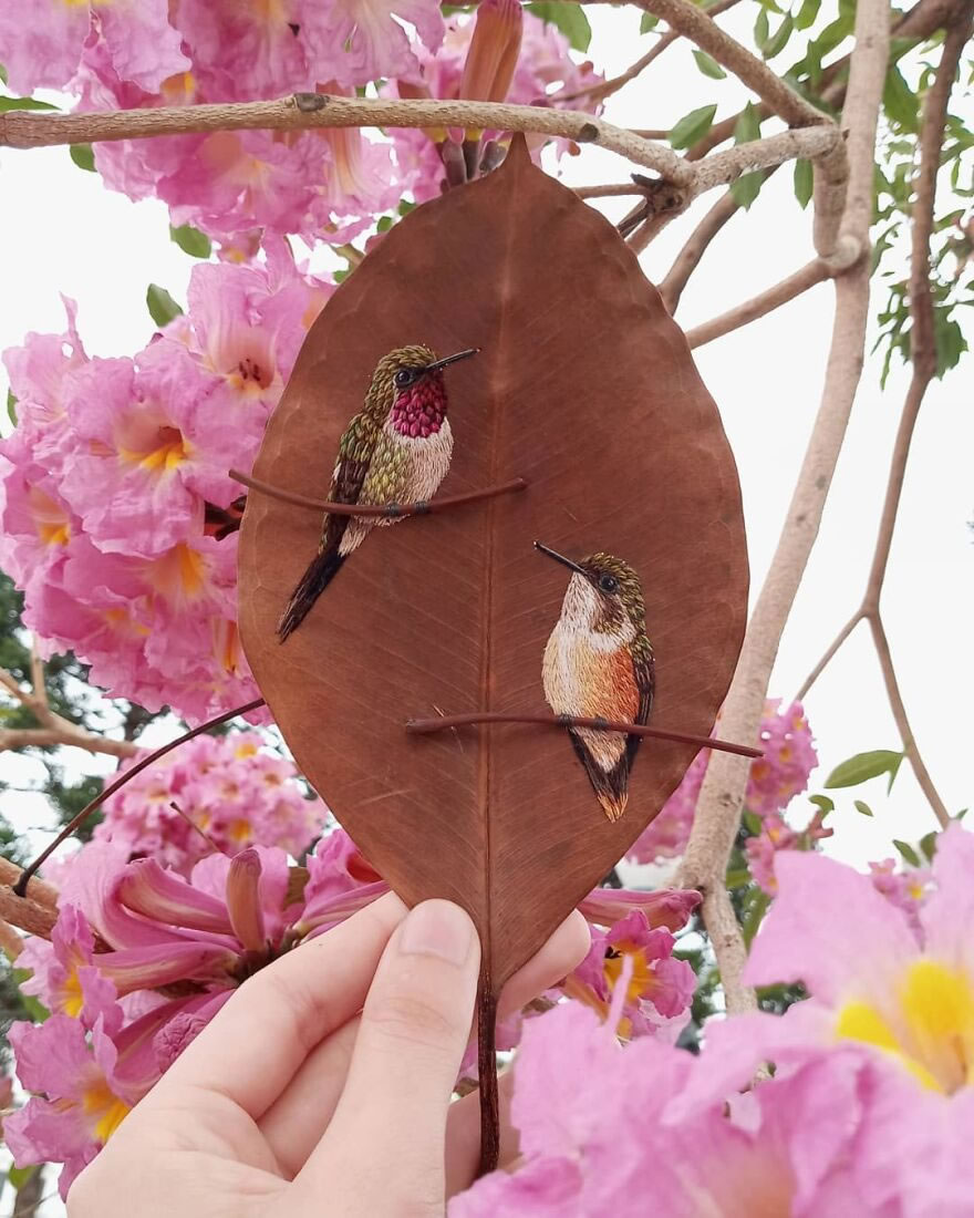 Embroidered Birds On Leaves By Laura Dalla Vecchia