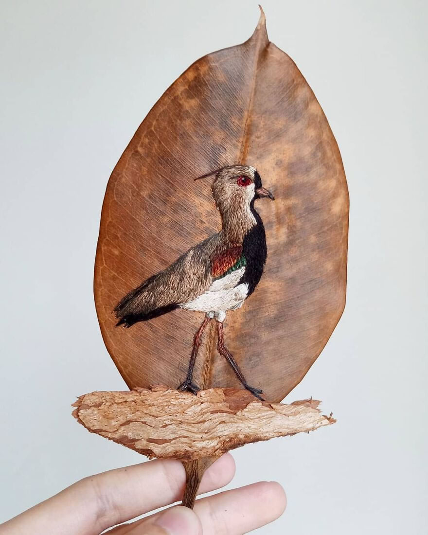 Embroidered Birds On Leaves By Laura Dalla Vecchia