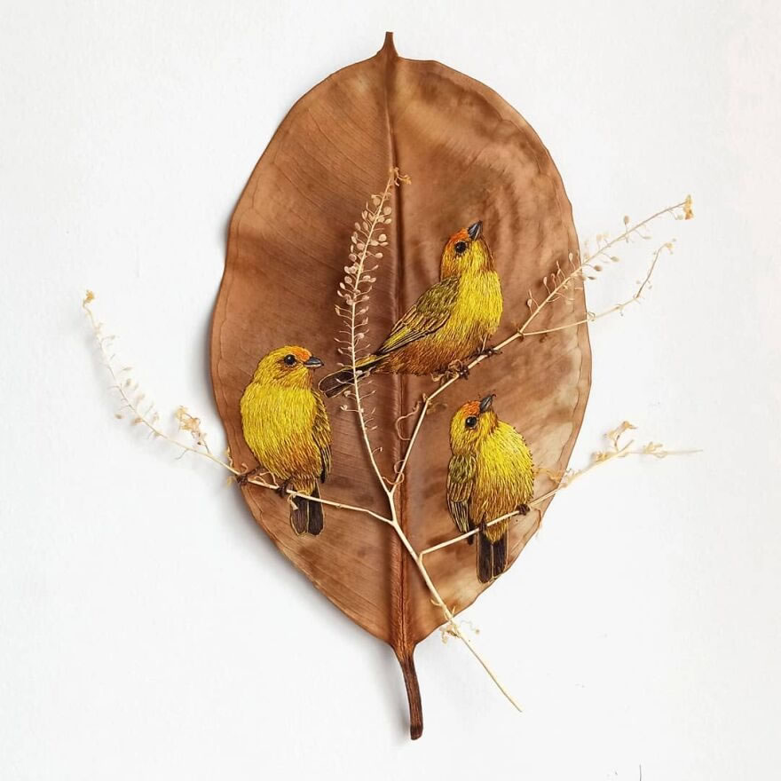 Embroidered Birds On Leaves By Laura Dalla Vecchia