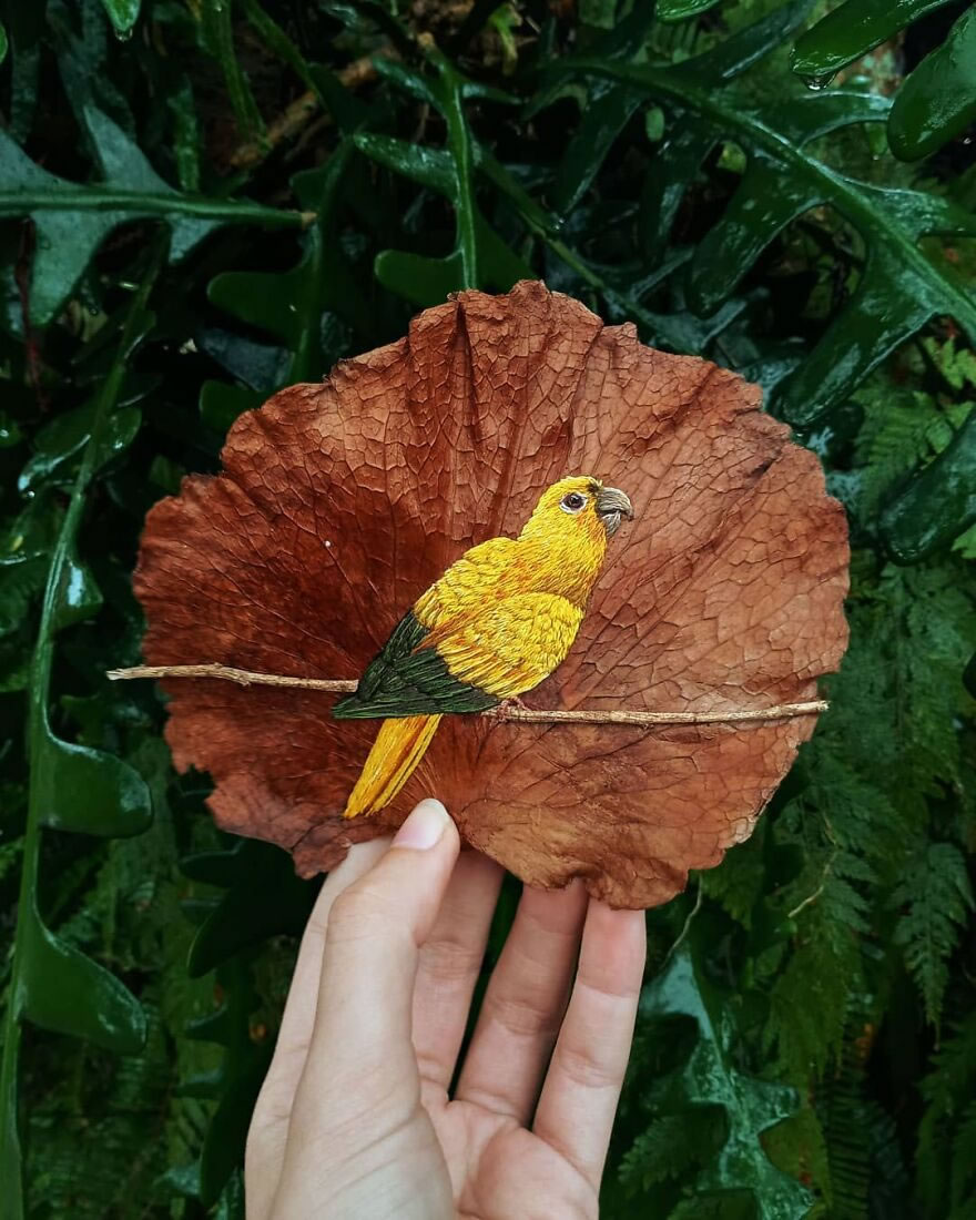 Embroidered Birds On Leaves By Laura Dalla Vecchia