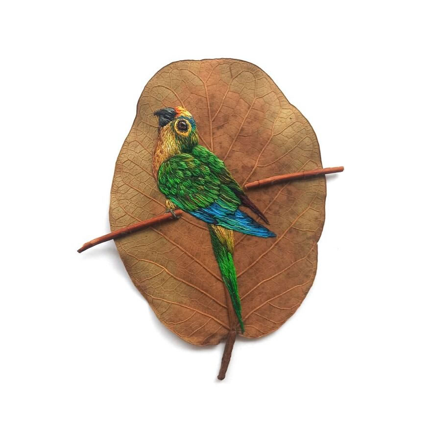 Embroidered Birds On Leaves By Laura Dalla Vecchia