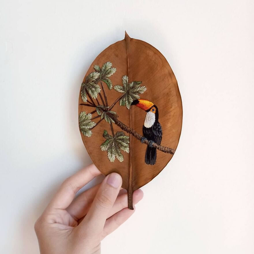 Embroidered Birds On Leaves By Laura Dalla Vecchia