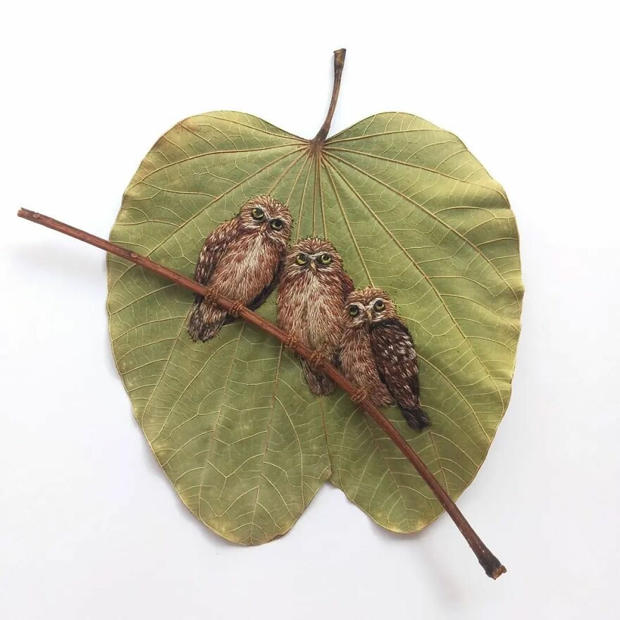 Embroidered Birds On Leaves By Laura Dalla Vecchia