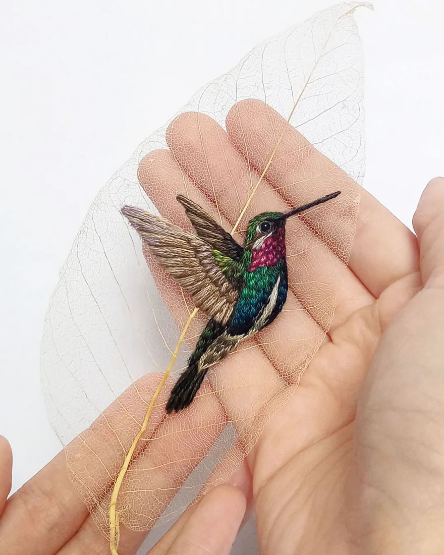 Embroidered Birds On Leaves By Laura Dalla Vecchia