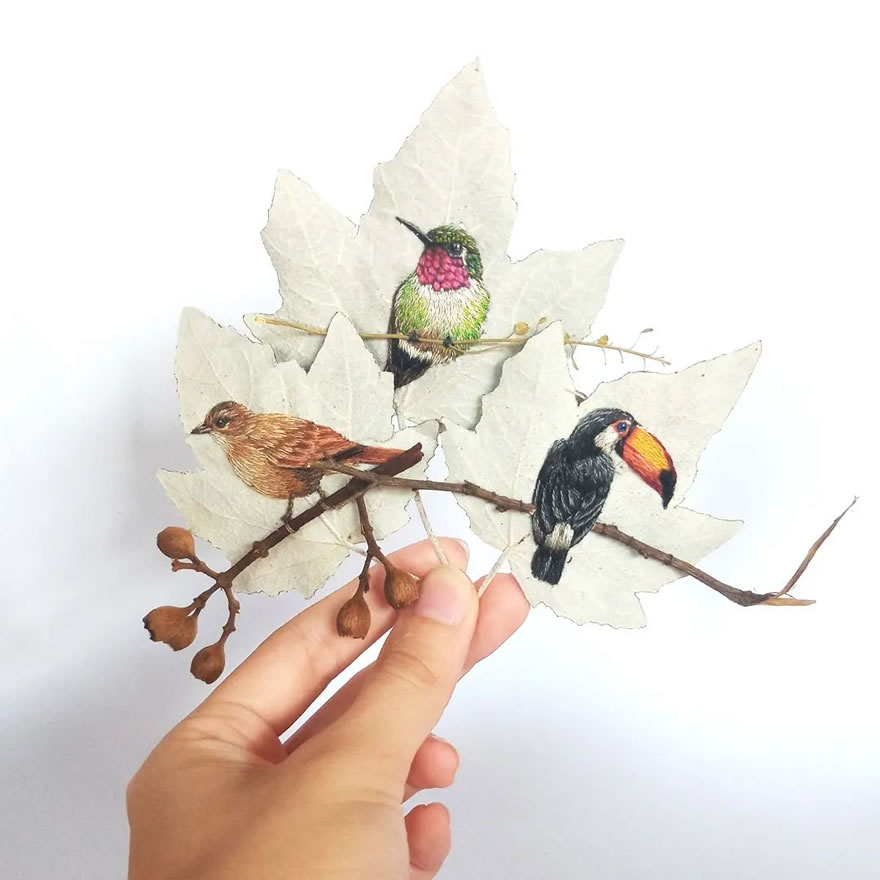 Embroidered Birds On Leaves By Laura Dalla Vecchia