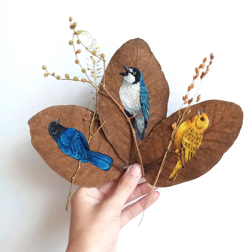 Embroidered Birds On Leaves By Laura Dalla Vecchia