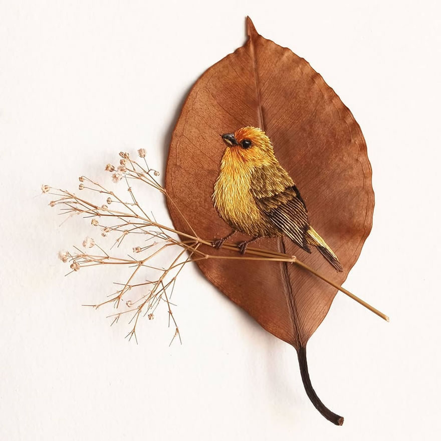 Embroidered Birds On Leaves By Laura Dalla Vecchia