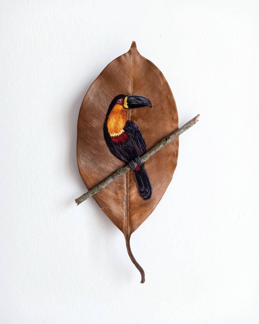 Embroidered Birds On Leaves By Laura Dalla Vecchia