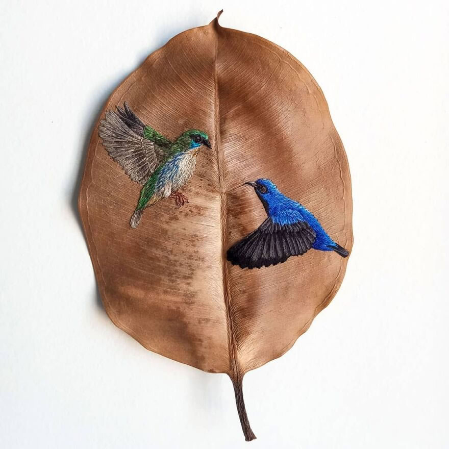 Embroidered Birds On Leaves By Laura Dalla Vecchia