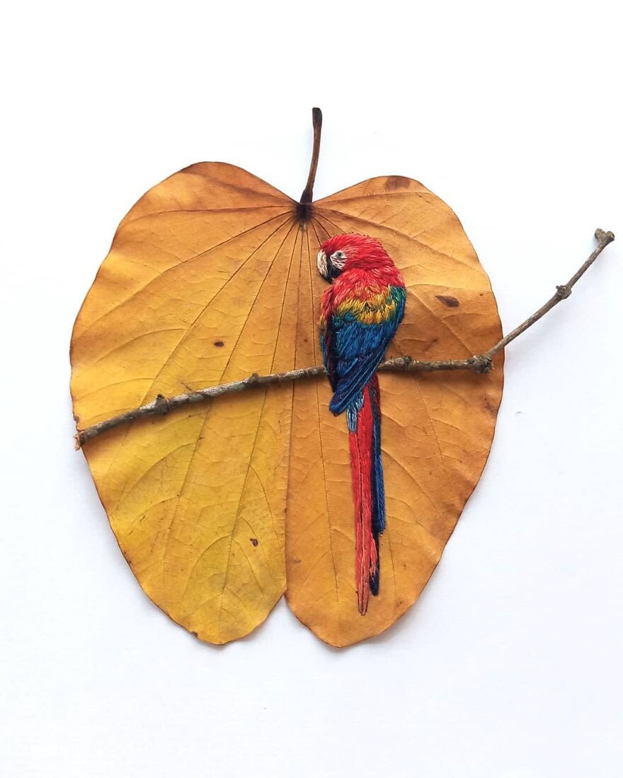 Embroidered Birds On Leaves By Laura Dalla Vecchia