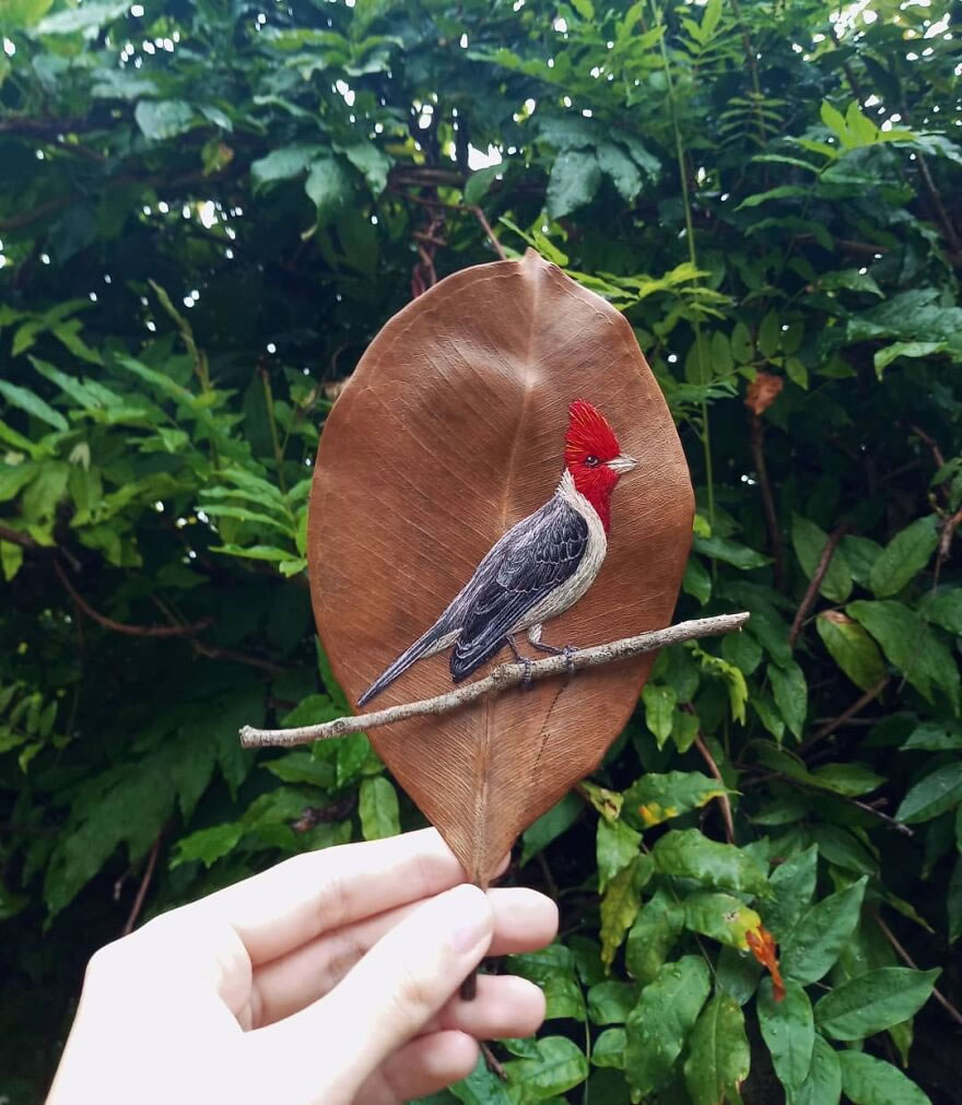 Embroidered Birds On Leaves By Laura Dalla Vecchia