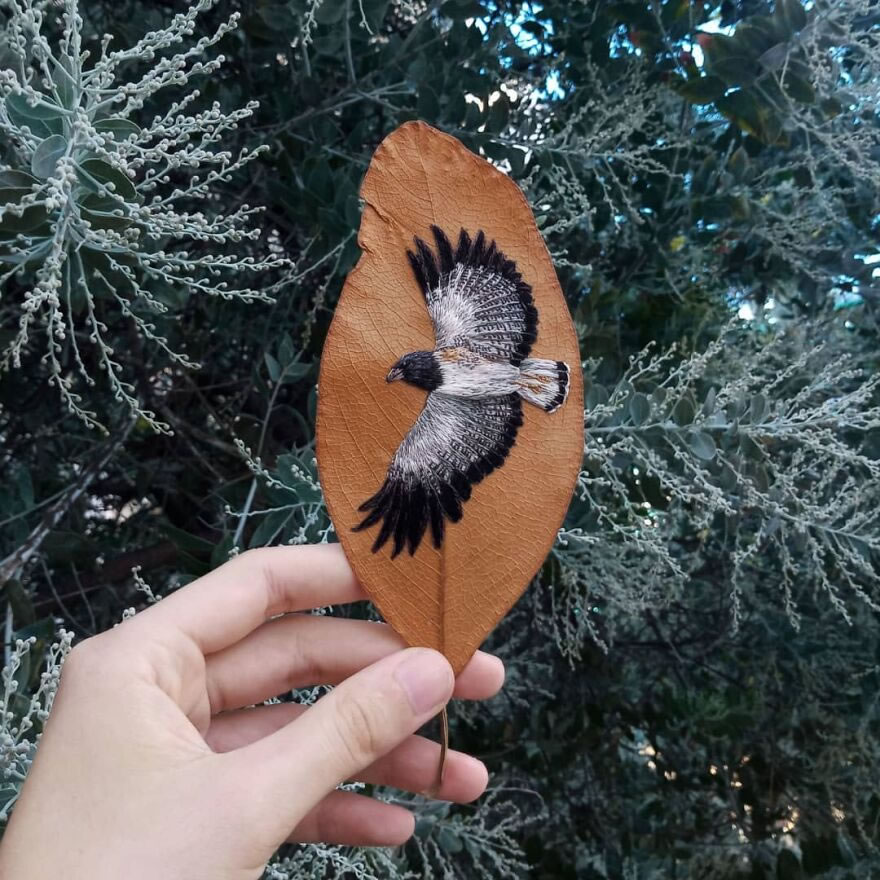 Embroidered Birds On Leaves By Laura Dalla Vecchia