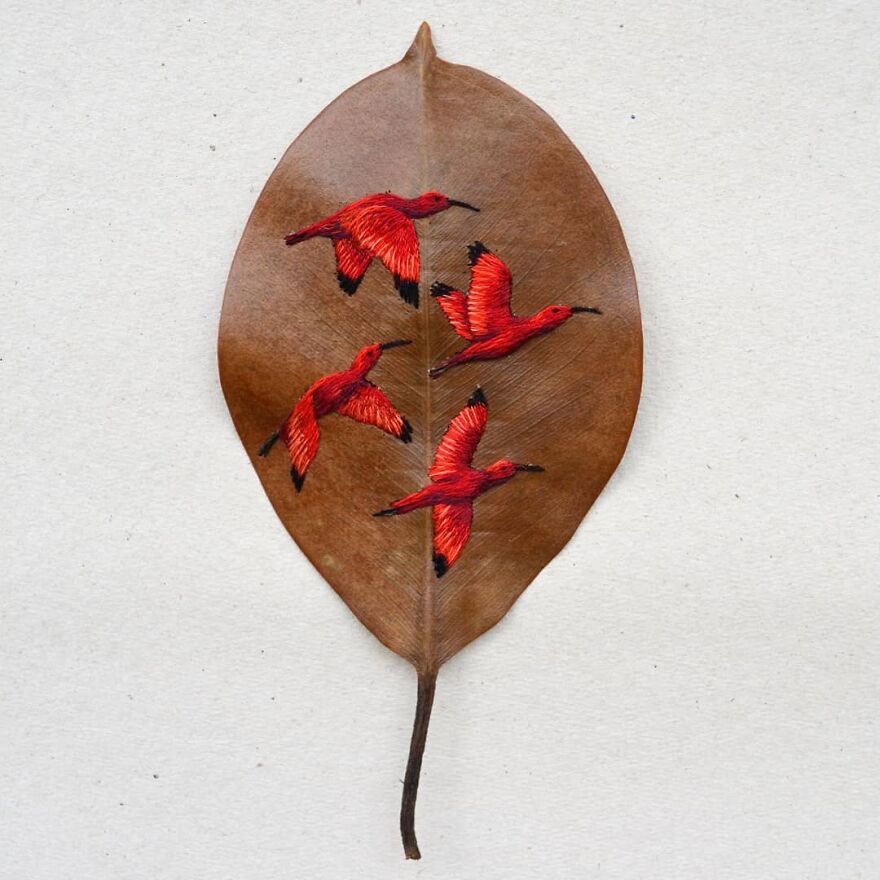 Embroidered Birds On Leaves By Laura Dalla Vecchia