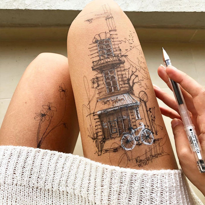 Ink Drawings Made On The Thighs By Randa Haddadin