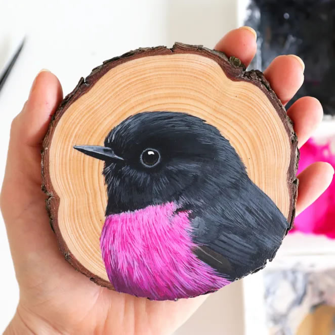 Birds On Slices Of Wood By Deanna Maree