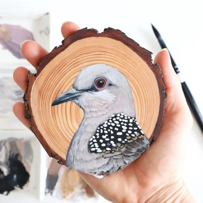 Birds On Slices Of Wood By Deanna Maree