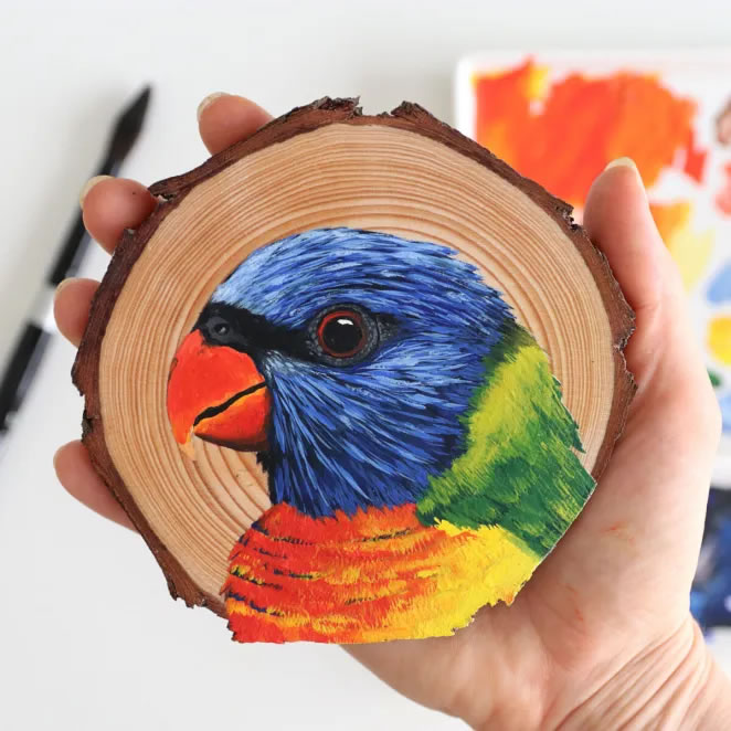 Birds On Slices Of Wood By Deanna Maree