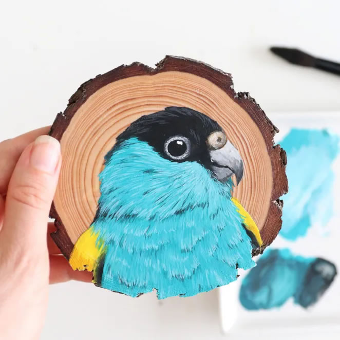 Birds On Slices Of Wood By Deanna Maree