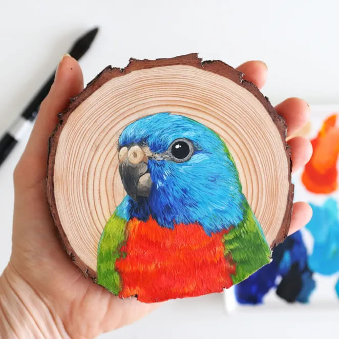 Birds On Slices Of Wood By Deanna Maree