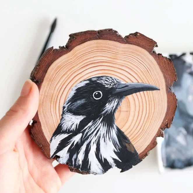 Birds On Slices Of Wood By Deanna Maree