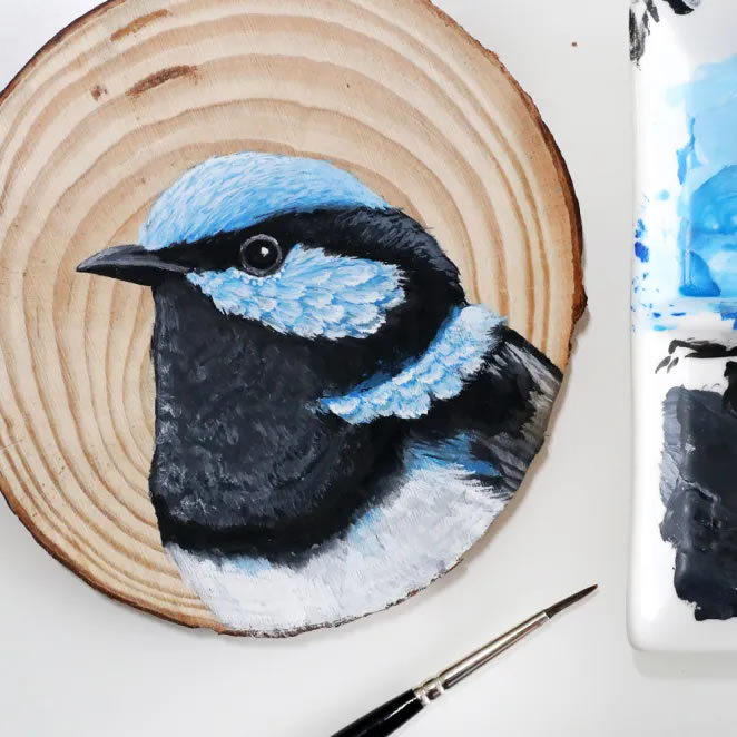 Birds On Slices Of Wood By Deanna Maree