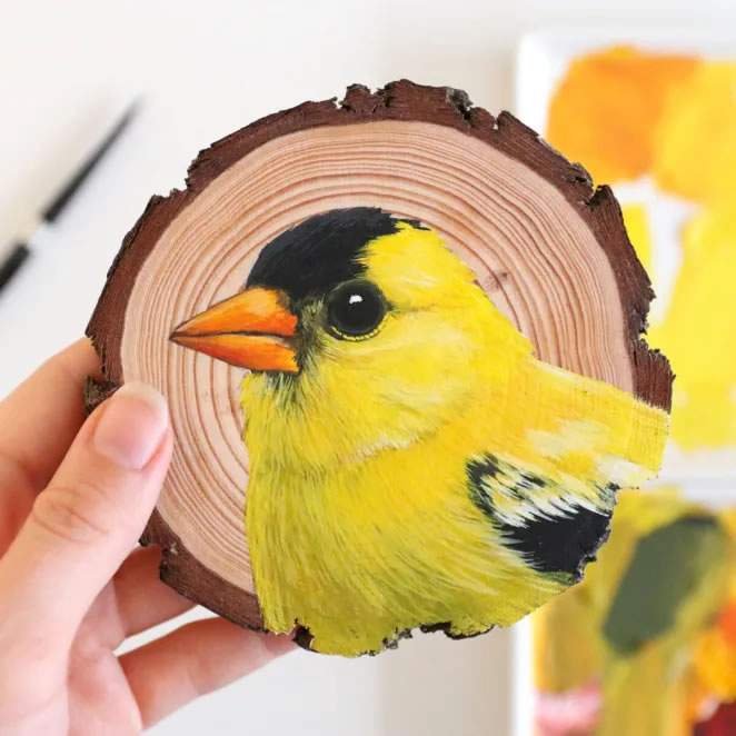 Birds On Slices Of Wood By Deanna Maree