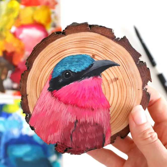 Birds On Slices Of Wood By Deanna Maree