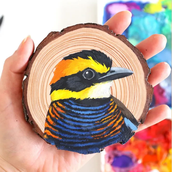 Birds On Slices Of Wood By Deanna Maree