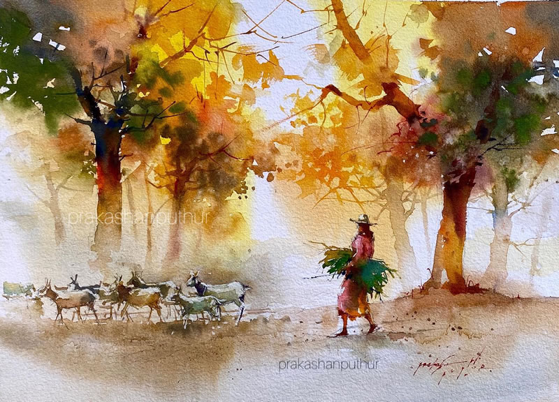 Watercolor Paintings Of Village Life By Prakashan Puthur