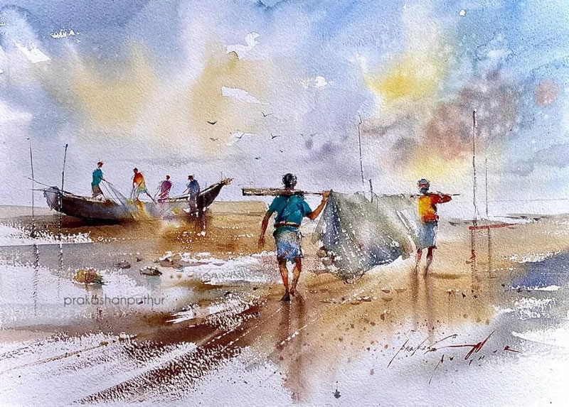 Watercolor Paintings Of Village Life By Prakashan Puthur