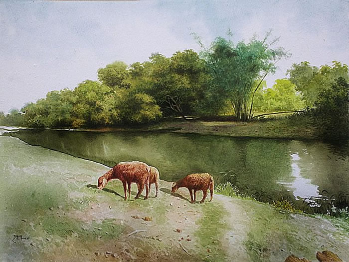 Indian Village Life Watercolor Paintings by Raghunath Sahoo