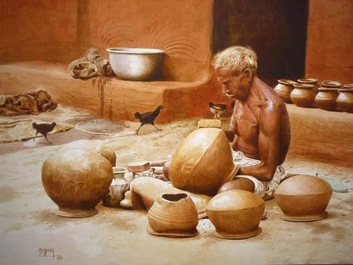 Indian Village Life Watercolor Paintings by Raghunath Sahoo