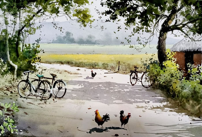 Indian Village Life Watercolor Paintings by Raghunath Sahoo