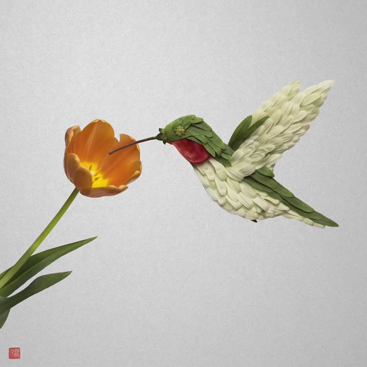 Portraits With Flowers And Leaves By Raku Inoue